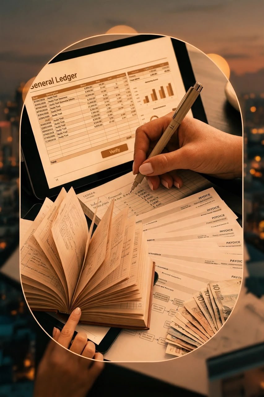 Professional hands reviewing financial reports and balance sheet with laptop — KJPN Accountancy Limited