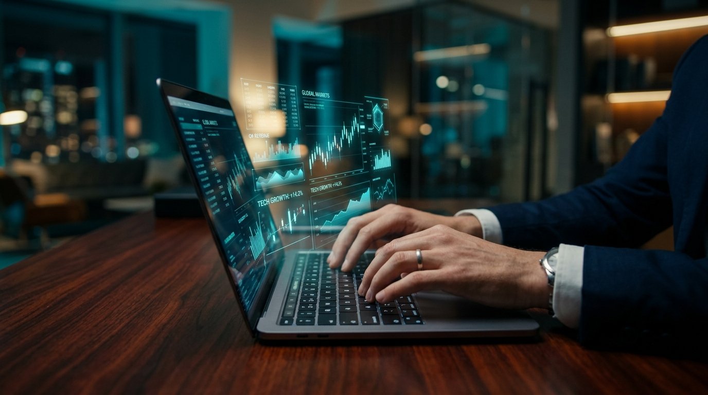 Hands typing on laptop with digital financial analytics overlay — KJPN Accountancy Limited